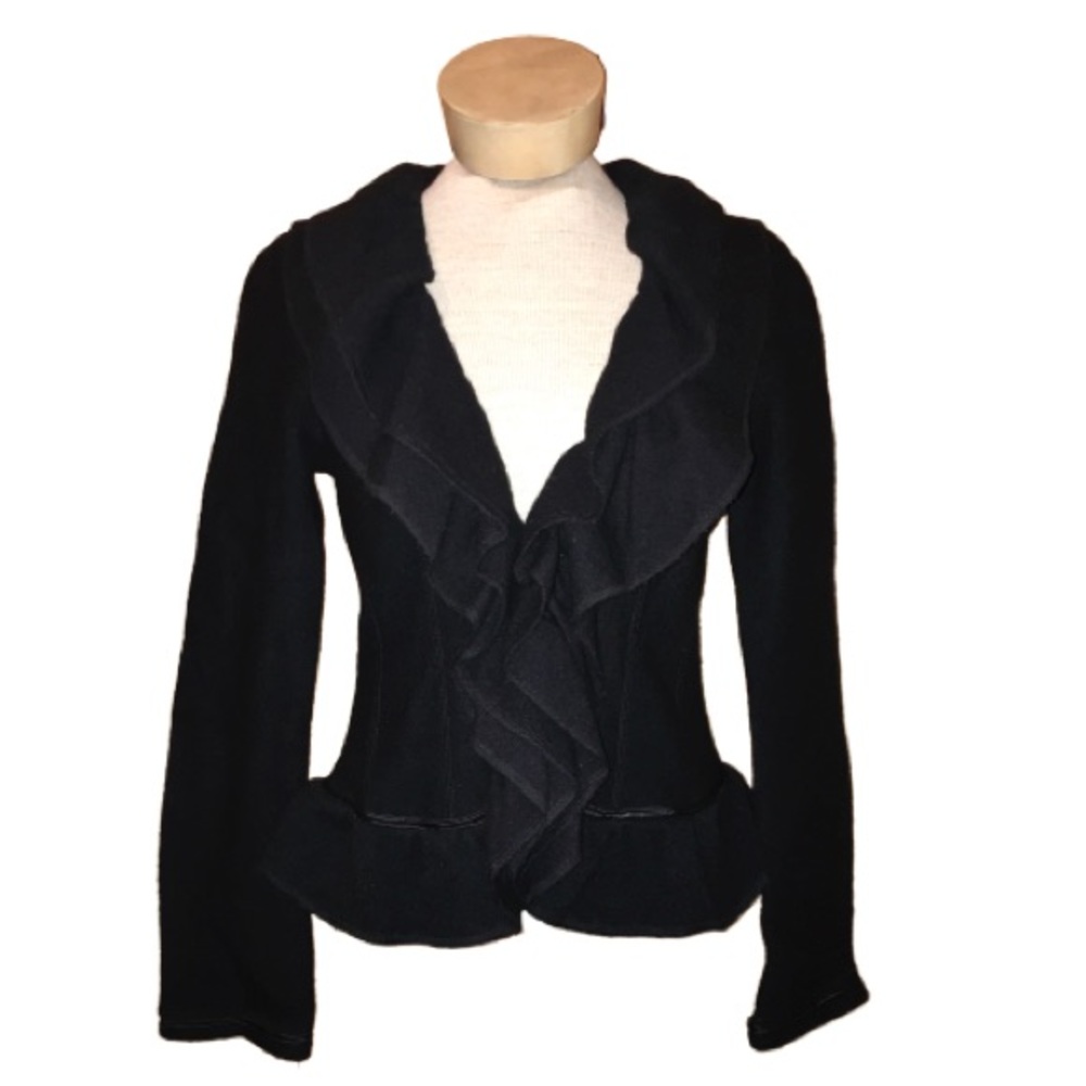 Magaschoni Black Ruffled V-Neck Collar Cardigan XS